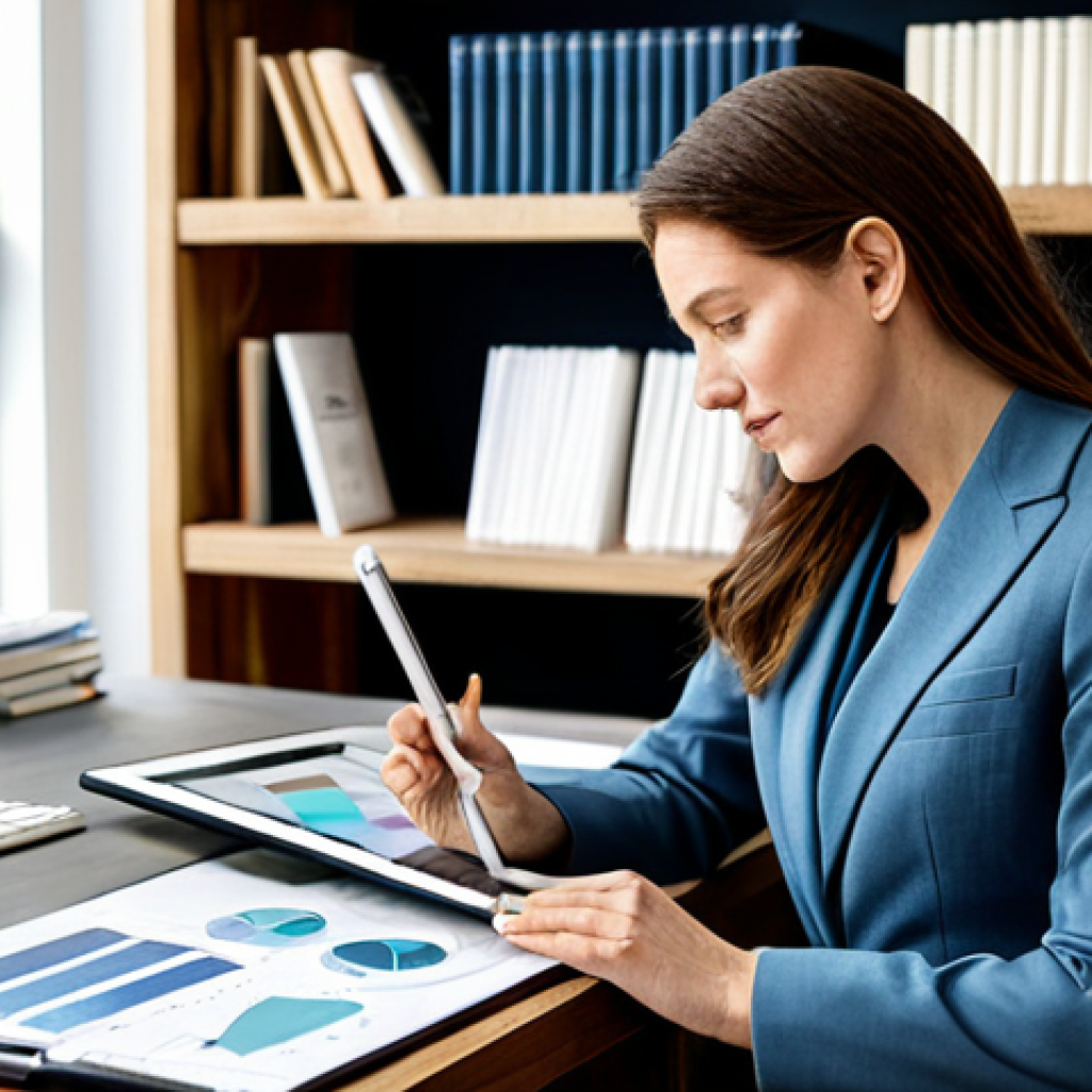 A professional female interior designer, fully clothed in a modest business suit, sitting at a large, modern desk in a well-lit design studio. She is focused on a tablet displaying architectural blueprints and financial charts, with various material samples like wood swatches and fabric textures neatly arranged around her. The background features stylish bookshelves filled with design books, creating an inspiring and organized atmosphere. Perfect anatomy, correct proportions, natural pose, well-formed hands, proper finger count, natural body proportions, appropriate attire, professional dress, safe for work, appropriate content, family-friendly, high-quality professional photography.