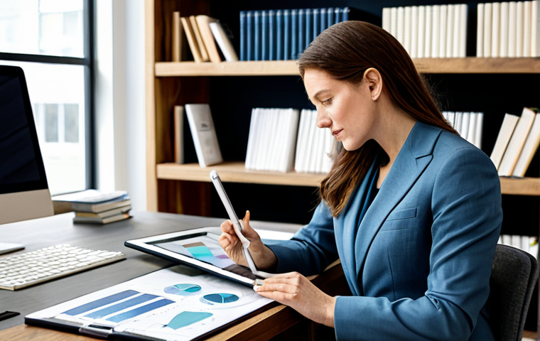 A professional female interior designer, fully clothed in a modest business suit, sitting at a large, modern desk in a well-lit design studio. She is focused on a tablet displaying architectural blueprints and financial charts, with various material samples like wood swatches and fabric textures neatly arranged around her. The background features stylish bookshelves filled with design books, creating an inspiring and organized atmosphere. Perfect anatomy, correct proportions, natural pose, well-formed hands, proper finger count, natural body proportions, appropriate attire, professional dress, safe for work, appropriate content, family-friendly, high-quality professional photography.