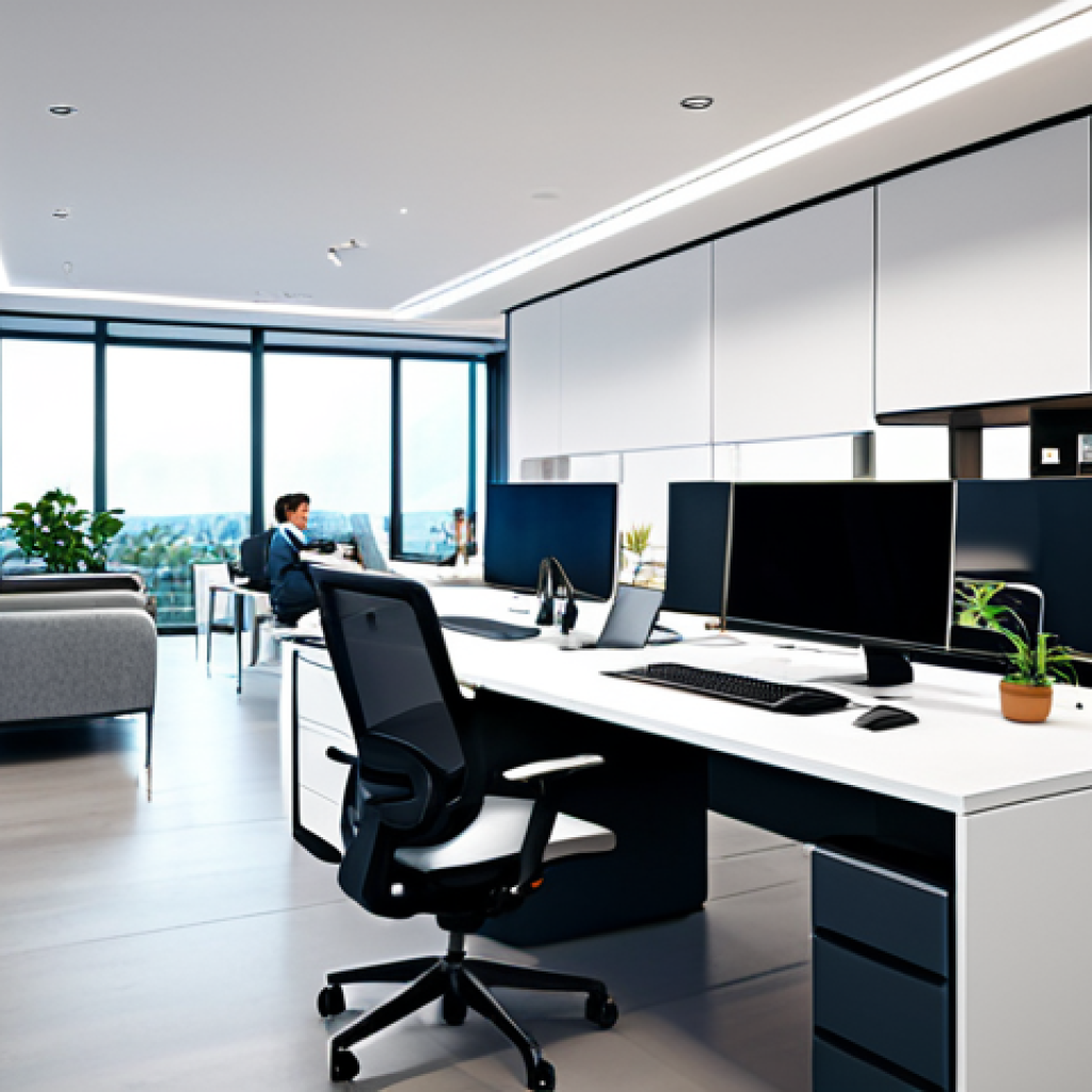 **
"A modern office interior with ergonomic furniture and smart home integration, fully clothed professionals working collaboratively, safe for work, appropriate content, well-lit, focus on functionality and comfort, perfect anatomy, correct proportions, natural pose, professional, high quality."
**