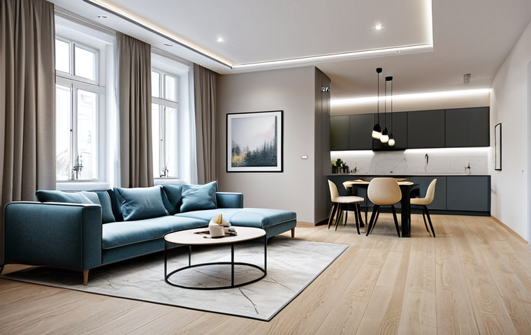 **
A professional interior designer, fully clothed in modest work attire, presenting a design concept for a modern Moscow apartment to a client. The apartment features a minimalist aesthetic with light-colored walls, wooden floors, and comfortable furniture. The presentation includes a detailed floor plan and 3D renderings. Safe for work, appropriate content, perfect anatomy, natural proportions, family-friendly.
**