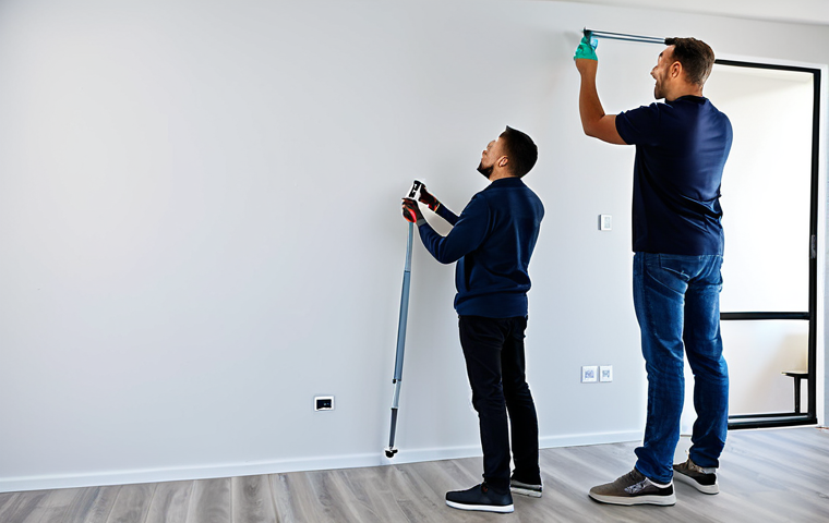 Wall Finishing**
"A professional interior designer inspecting a newly painted wall in a modern apartment, fully clothed, appropriate attire, safe for work, perfect anatomy, natural proportions, high quality, well-lit, showcasing smooth paint application and clean lines, modest decor, family-friendly."
**