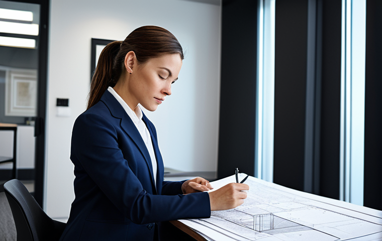 **Prompt:** A successful female architect in a modern office setting, reviewing blueprints, wearing a tailored business suit, fully clothed, appropriate attire, safe for work, perfect anatomy, natural proportions, professional portrait photography, high quality.