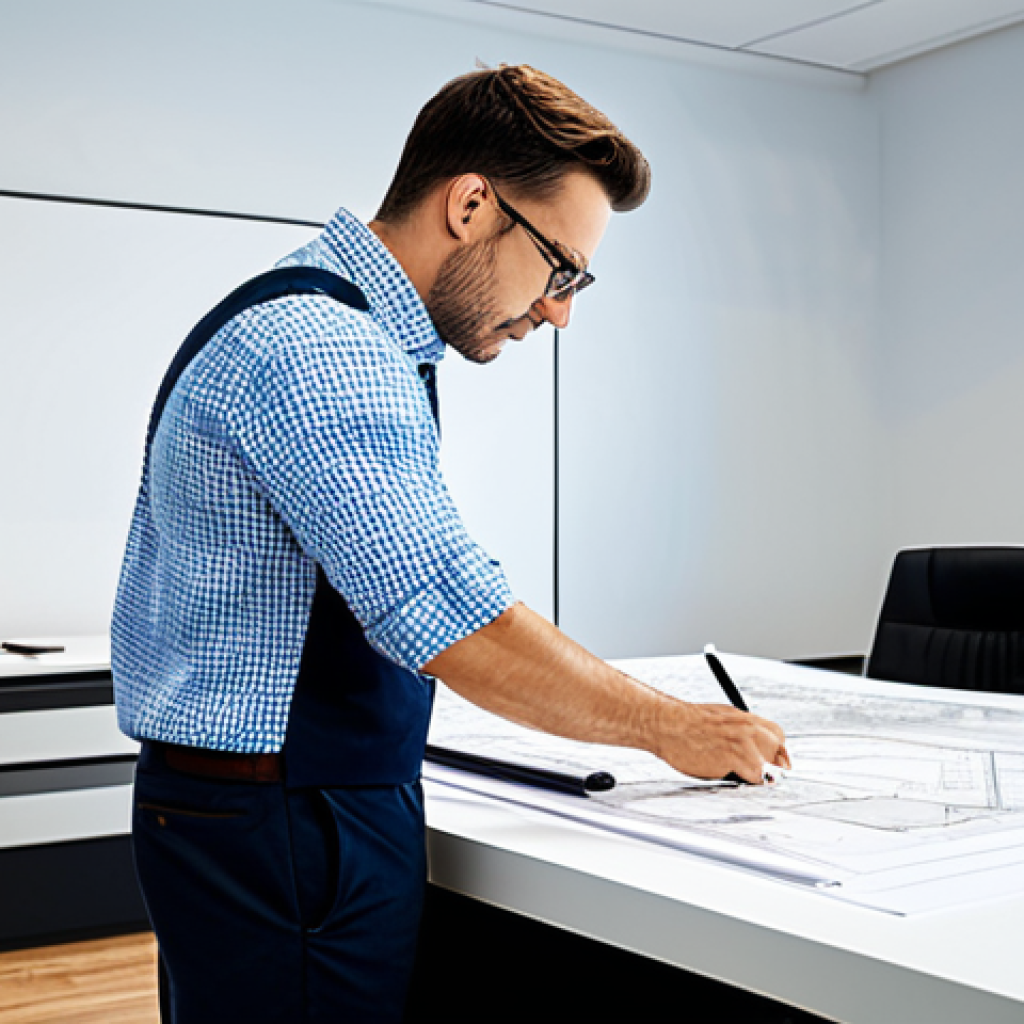 실내건축 실기 시험에서 사용하는 도구들 - **Professional Architect at Work:** A fully clothed, professional architect in appropriate attire st...