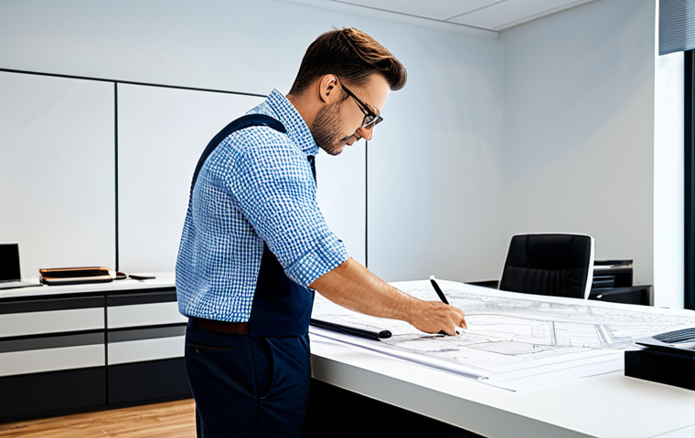 실내건축 실기 시험에서 사용하는 도구들 - **Professional Architect at Work:** A fully clothed, professional architect in appropriate attire st...