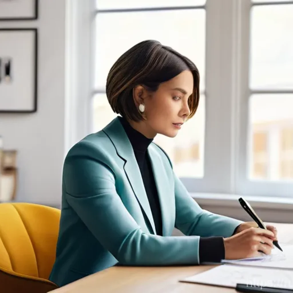 실내건축기사 필기 과목별 공부법 - **Prompt:** "A focused female interior designer, in her mid-30s with a chic, professional bob haircu...