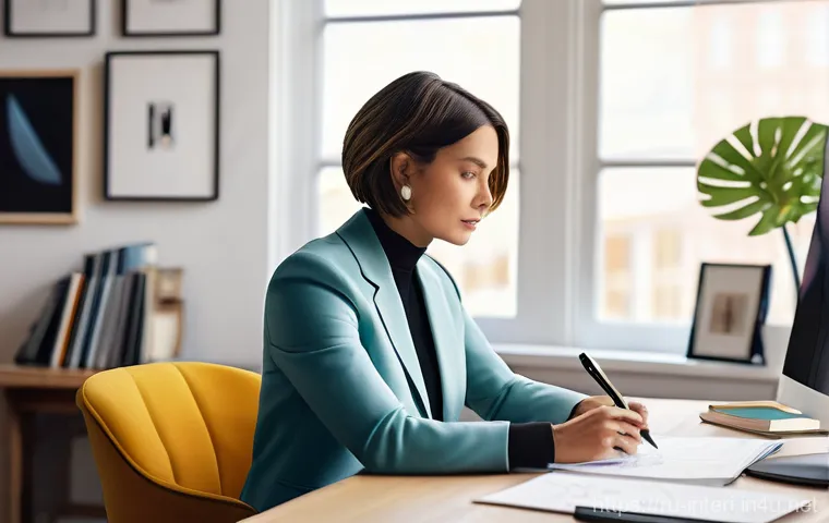 실내건축기사 필기 과목별 공부법 - **Prompt:** "A focused female interior designer, in her mid-30s with a chic, professional bob haircu...