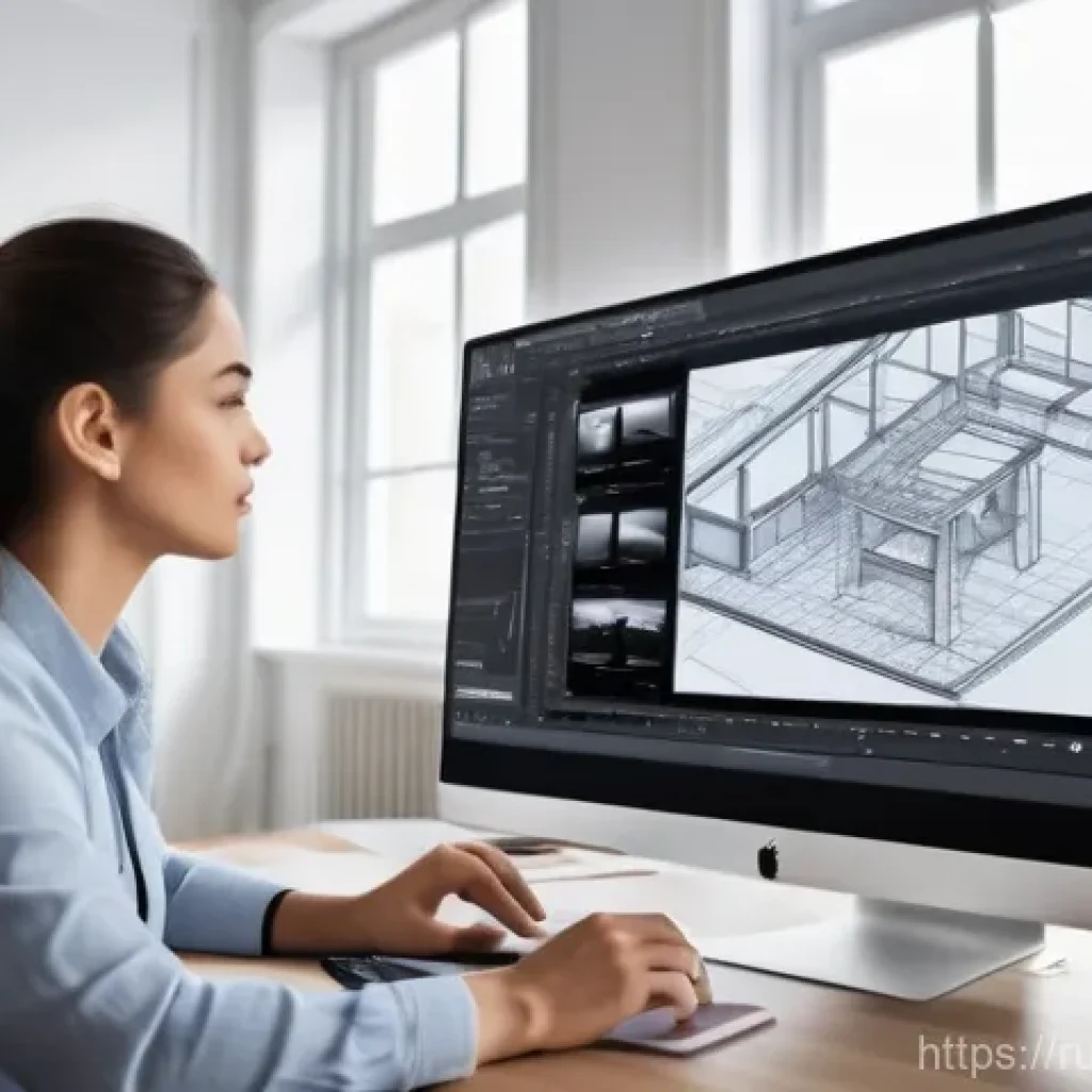 실내건축에서 CAD 사용 방법 - **Prompt:** A dynamic, high-angle shot of a skilled interior designer, mid-30s, focused intently on ...