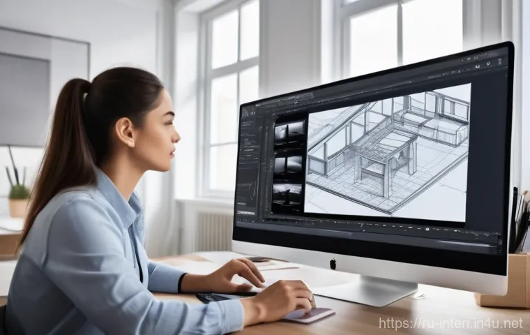 실내건축에서 CAD 사용 방법 - **Prompt:** A dynamic, high-angle shot of a skilled interior designer, mid-30s, focused intently on ...