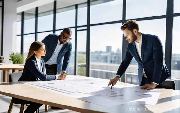 실내건축 자격증 시험 변경 사항 업데이트 - **Prompt:** "A diverse group of professional interior designers, both male and female, in a bright, ...